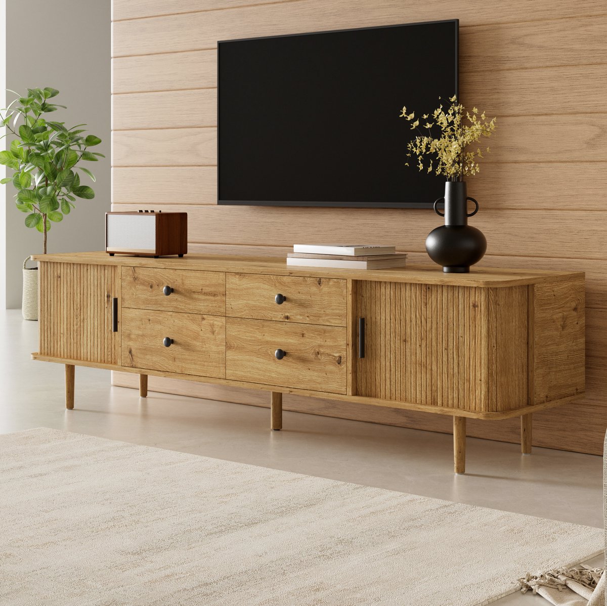 OKWISH Tv-Meubel - 4 Laden En 2 Schuifdeuren - Ruime Opbergruimte Voor Woonkamer - MDF Houtlook - 165 x 40 x 46 cm - Ronde Hoeken