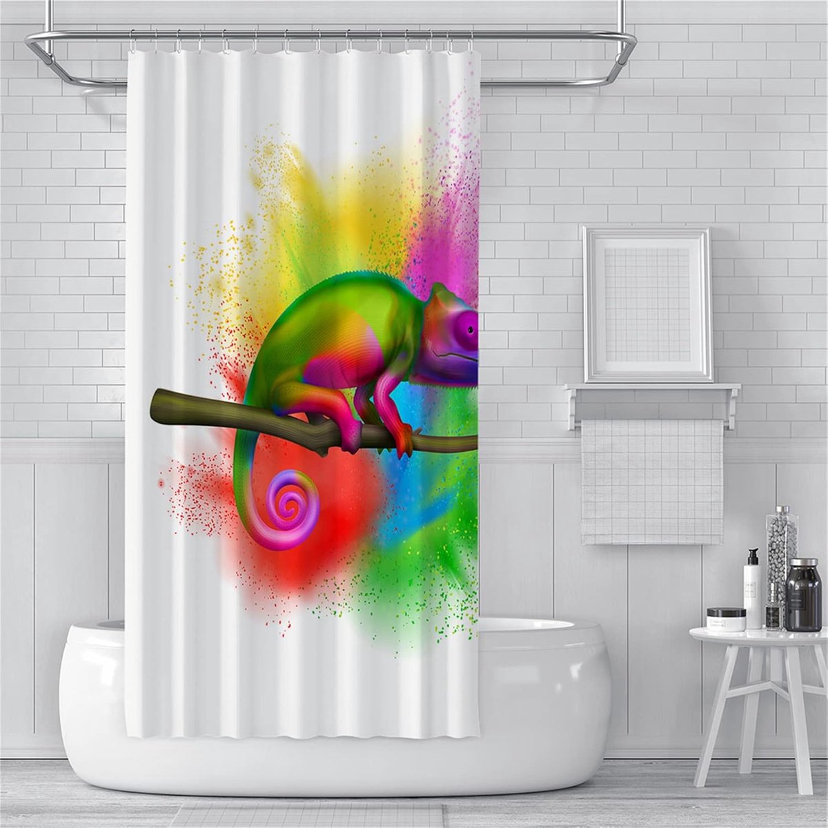 Douchegordijnen Mould Proof Waterdicht Wasbaar Badkamer Gordijnen, Verzwaarde Badgordijnen met Haken, 3D Tuin Buiten Douchegordijn Paars Goud Kameleon