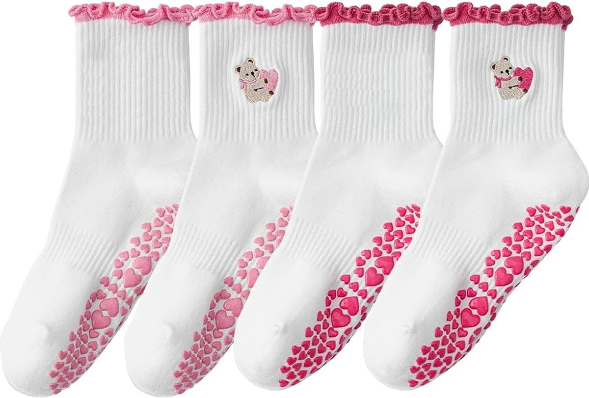 Yoga-sokken voor dames, antislip, 2 paar, middelhoge pilatessokken met ABS-noppen, schattige diermotieven, stoppersokken voor fitness, barre, dans, gymnastiek, maat 35-42