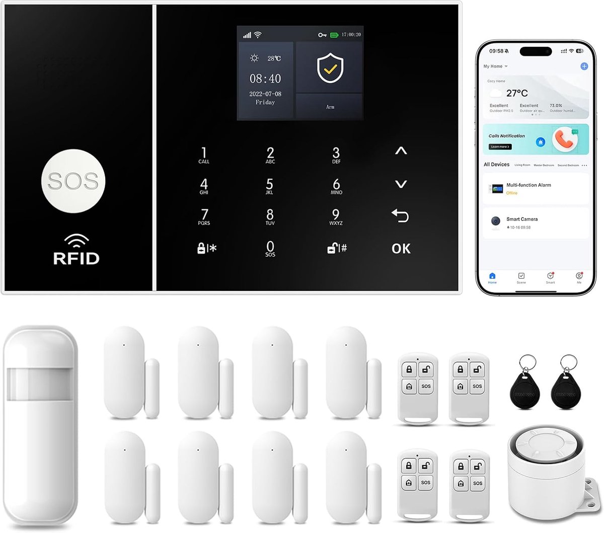 Alarmsysteem voor woning, GSM/wifi, compleet alarmsysteem met 120 dB alarmsirene, intelligente afstandsbediening, lcd-display, spraakopdracht, veiligheid voor thuis, kantoor