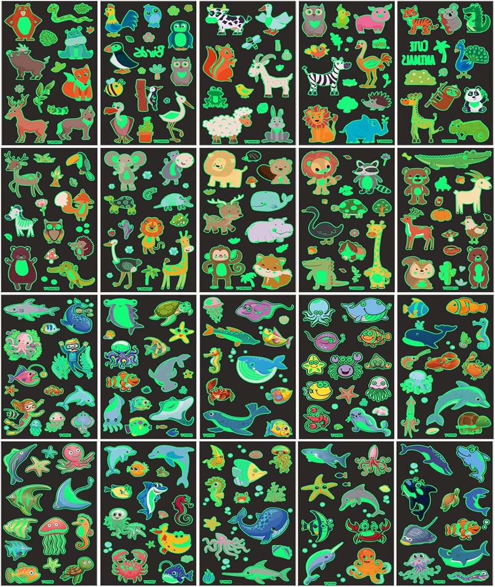 Tijdelijke Tatoeages voor Kinderen 20 Vellen Lichtgevende Cartoon Tatoeage Glow in The Dark Tattoo Sticker Tatoeages Met Zeedierenmotieven voor Jongens en Meisjes