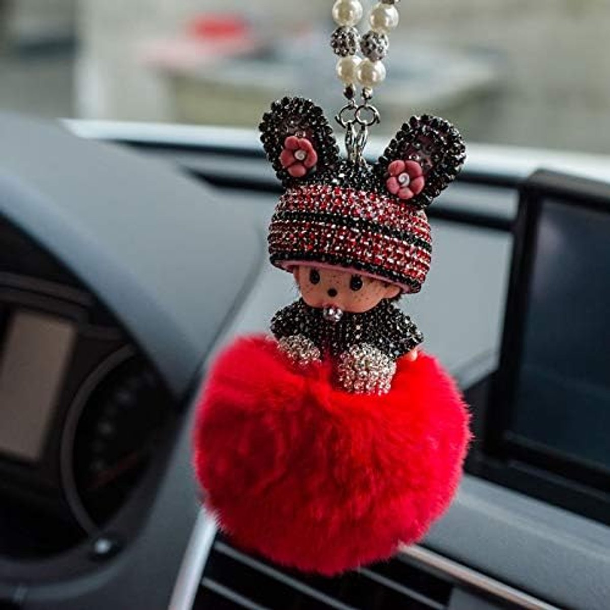Hangornament voor auto-achteruitkijkspiegel, pendel met fonkelende strass, schattige pluche pop, hangende bal, charmant auto-achteruitkijkspiegelhanger, interieurdecoratie