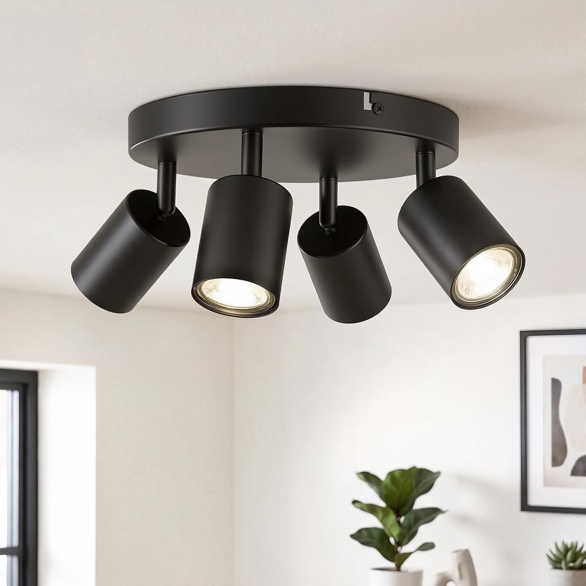 Plafondlamp, rond, plafondlamp, zwart, 4 spots, draaibaar, GU10