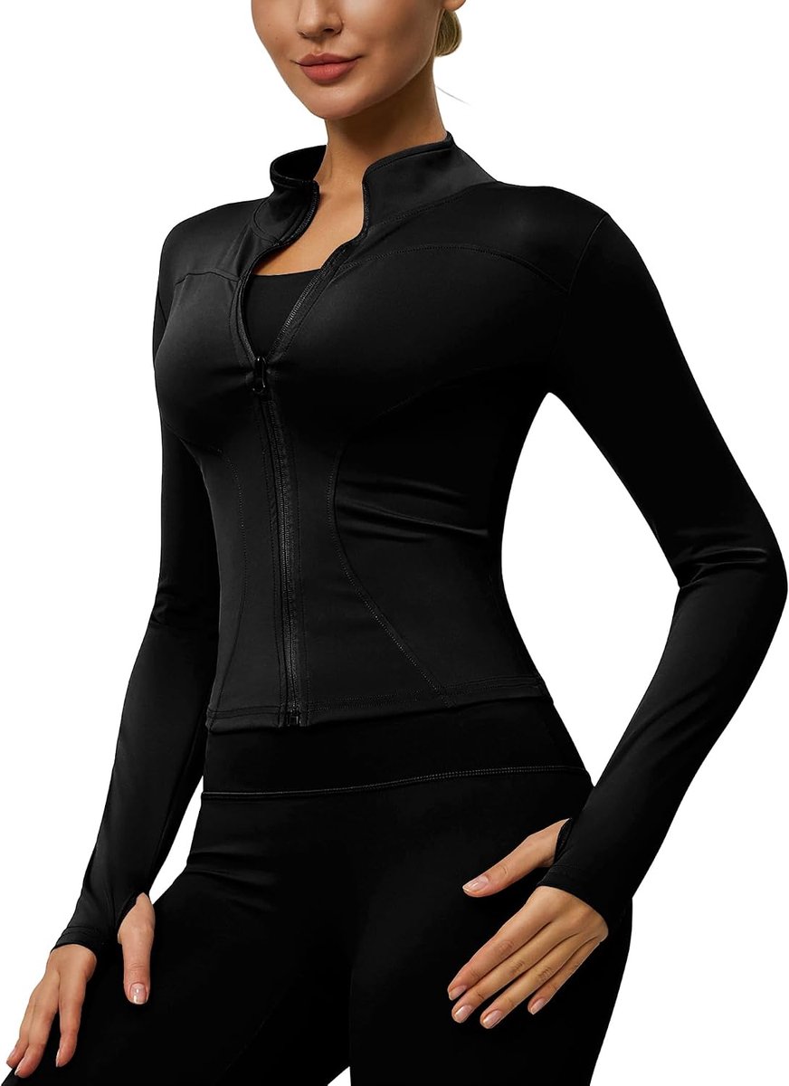 Sportjack voor dames, lange mouwen, hardloopjack, gym, tops, yoga, fitness, bovenstuk, licht, ademend, sportshirt, ritssluiting, trainingsjack met duimgat