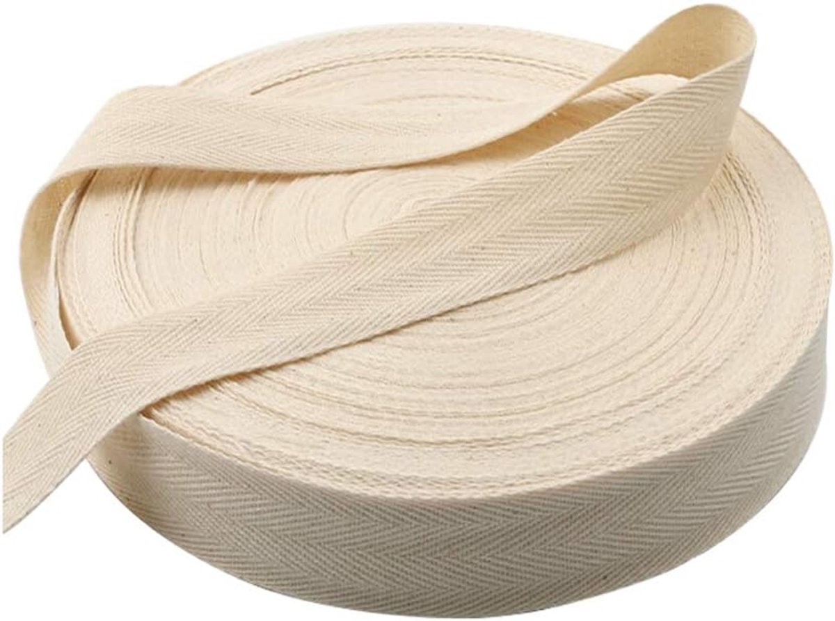 Katoen, 50 meter katoenen band natuurlijk katoenen band keperband biasband voor doe-het-zelvers, handwerk, naaien, breien, geschenkverpakkingen, beige, 2,5 cm