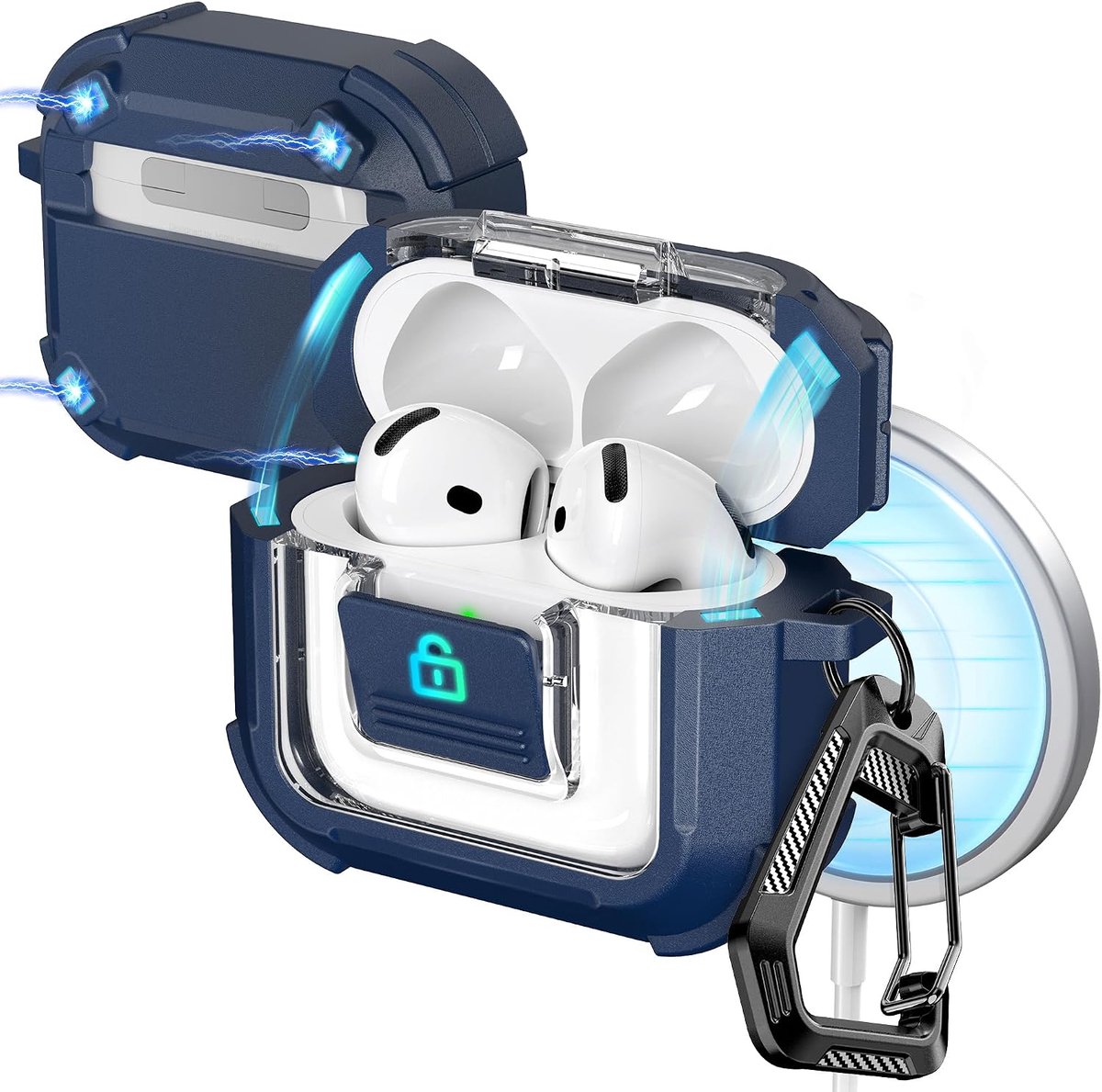 Voor AirPods 4 generatie Case Cover 2024, militair schokbestendig, zacht TPU zeer transparant anti-vergelend voor AirPods 4 Case met reinigingsset en schattige ronde gesp, Blauw