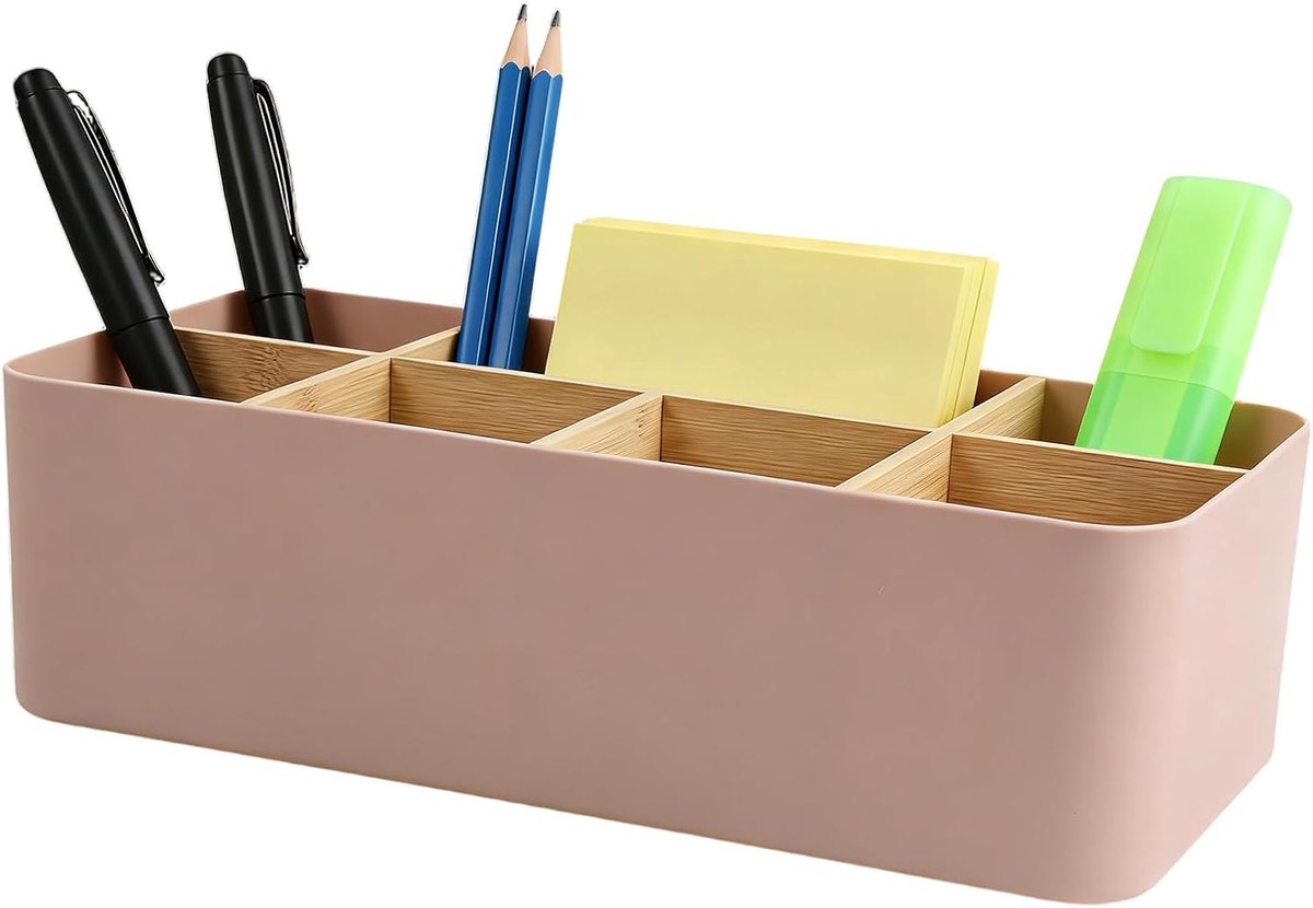 Bureau-organizer, bamboe, 8 vakken, pennenhouder en kantoororganizer, opbergdoos voor thuiskantoor en schrijfwaren, cosmetica, afstandsbedieningen (roze)