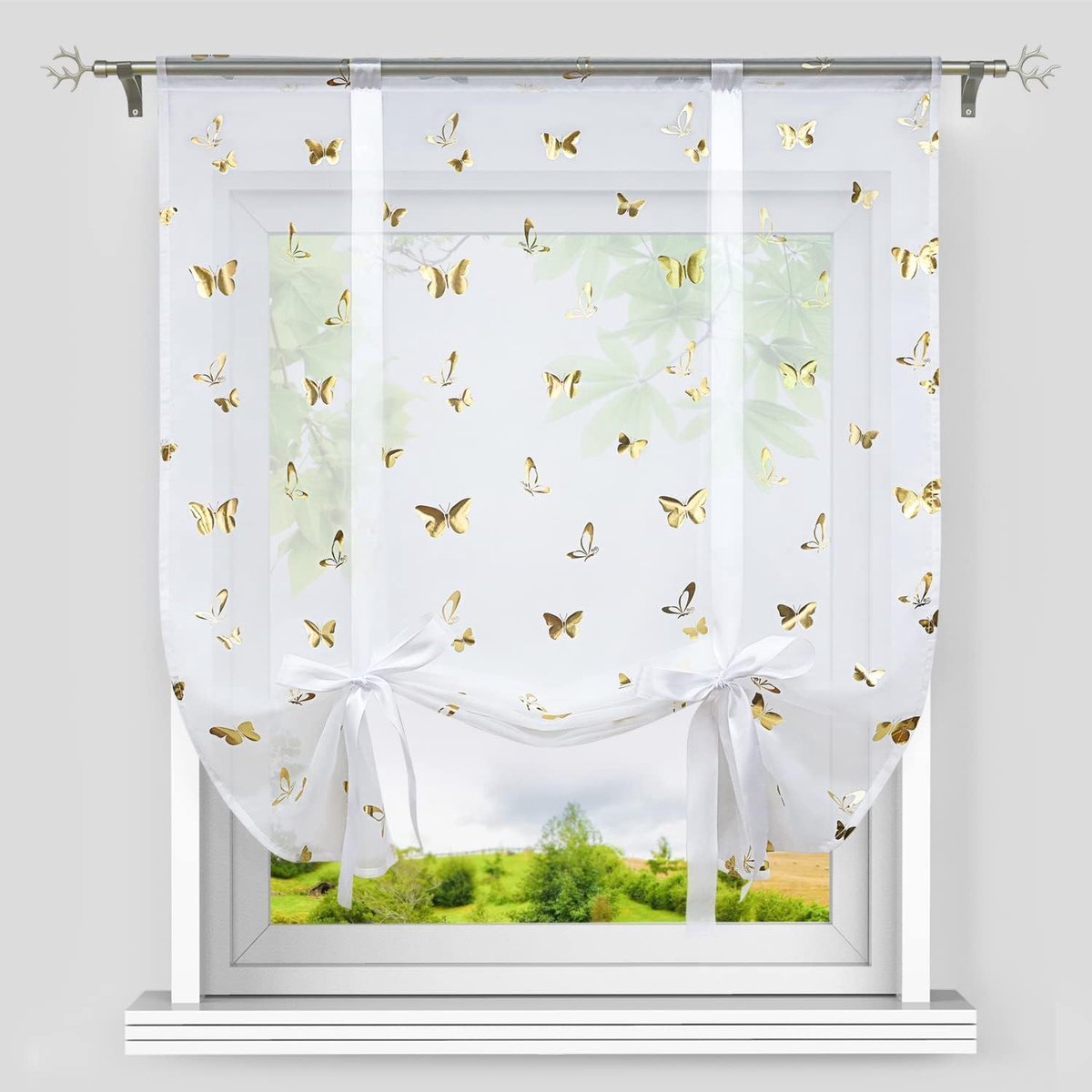 Vouwgordijn met trekkoord, voile vouwgordijn, modern, klein raam, keukengordijn, glanzend, vlinder-decoratiepatroon, goud, BxH 80x140 cm