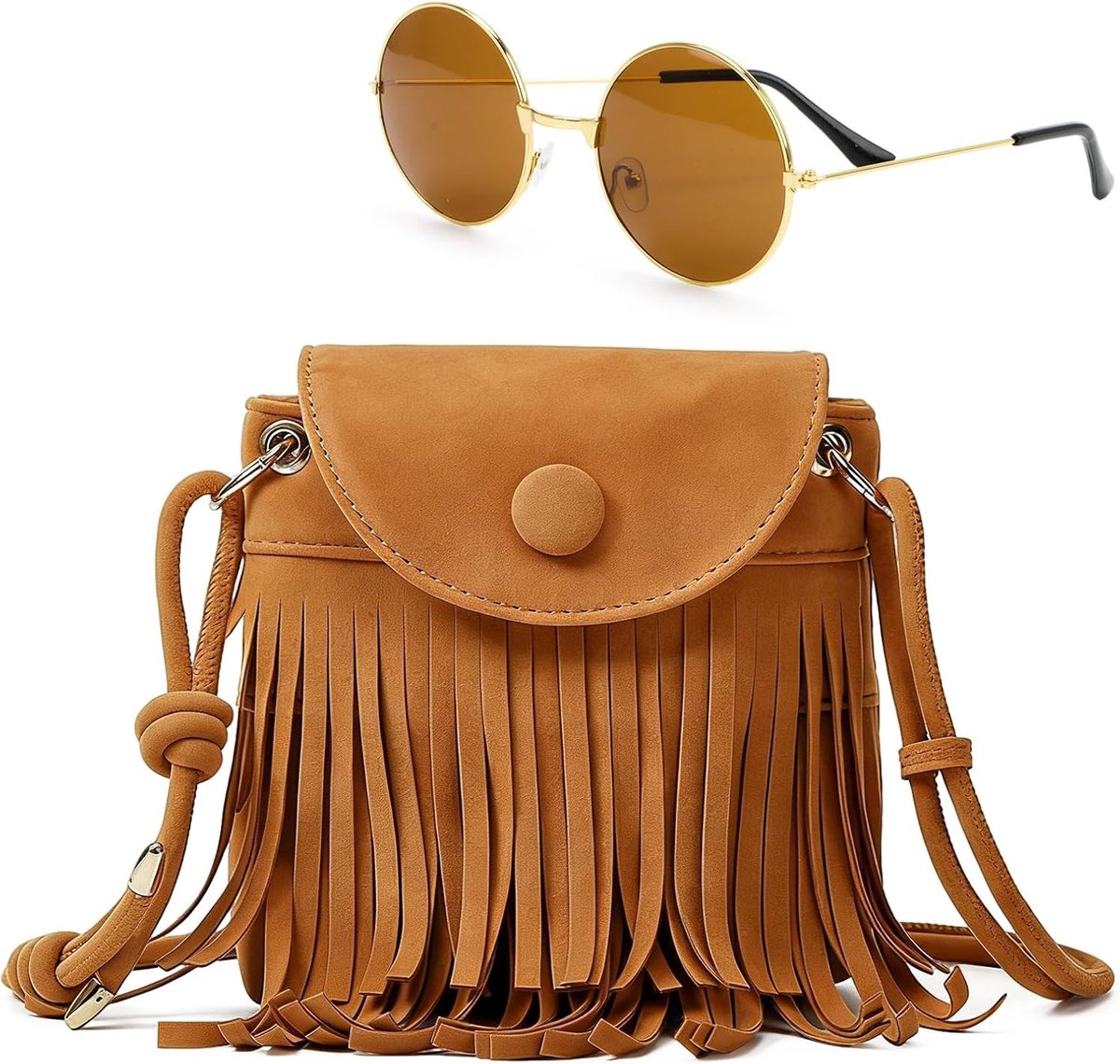 Hippie Kostuum Handtas in Bruin met Fringes en Vintage Zonnebril voor Carnaval, Festival en Feestjes