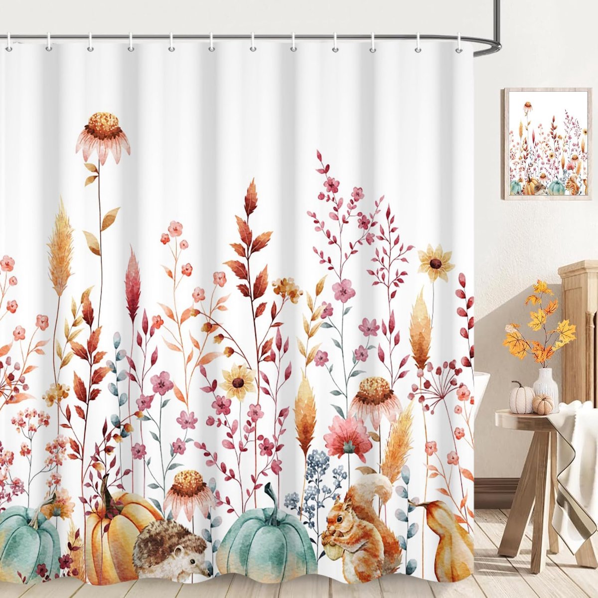 Shower Curtain 180x180cm Autumn Thanksgiving Day Watercolor Yellow Cyan Pumpkins Hedgehog Squirrel Pink Wild Flower - ShopVlot