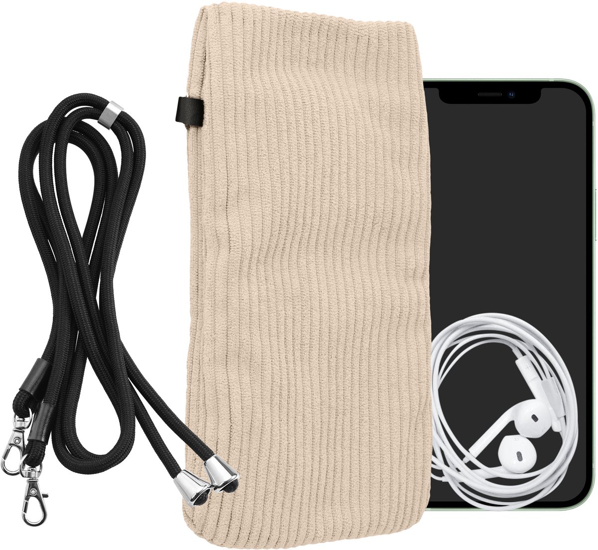 kwmobile Telefoontasje geschikt voor XL - 6,7/6,8" smartphone - Universeel smartphone hoesje van corduroy - Met telefoonkoord - In crème