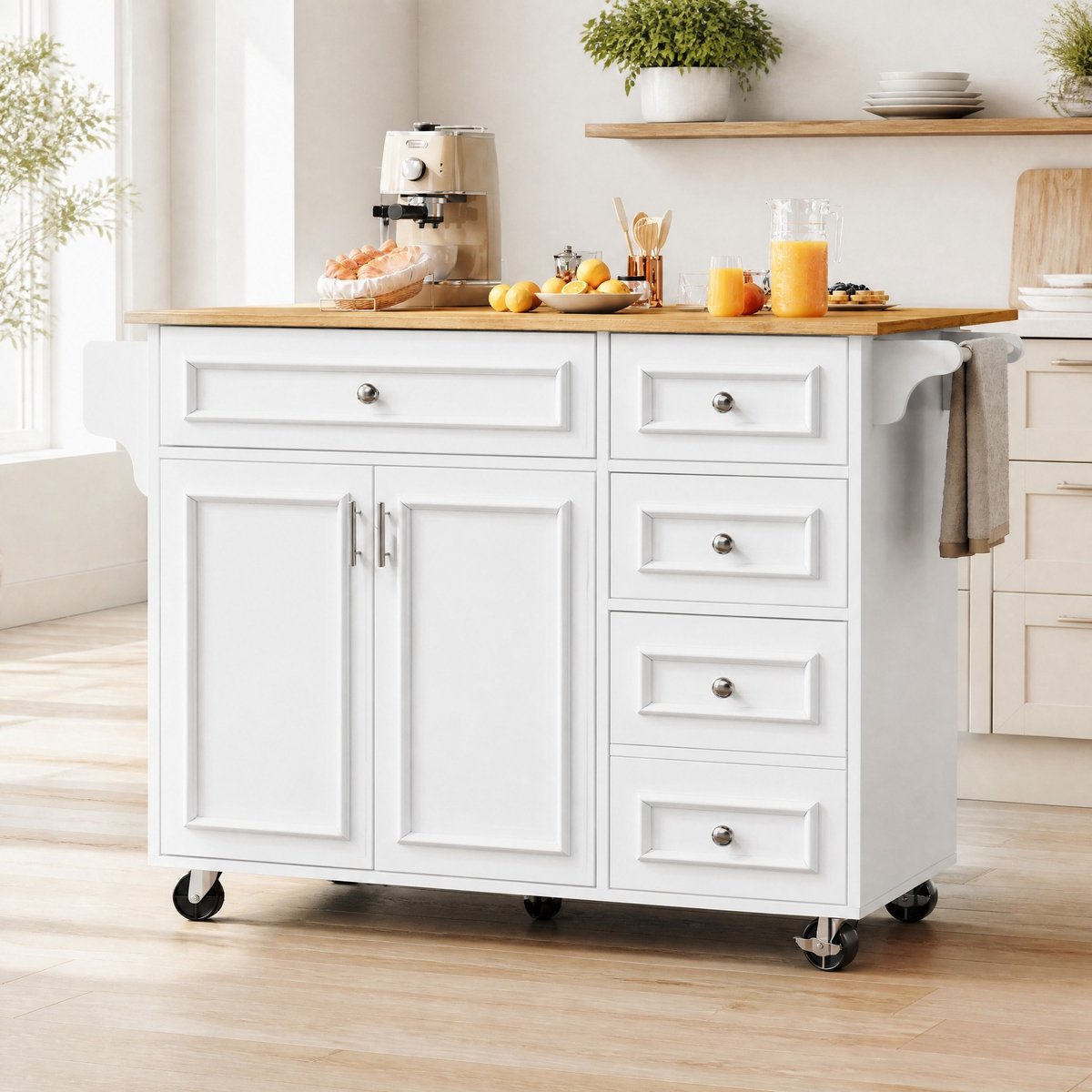 WUVRIE - Keukeneiland 110x45-75x92 cm - Opklapbaar blad met lades en verstelbare vakken - Wit