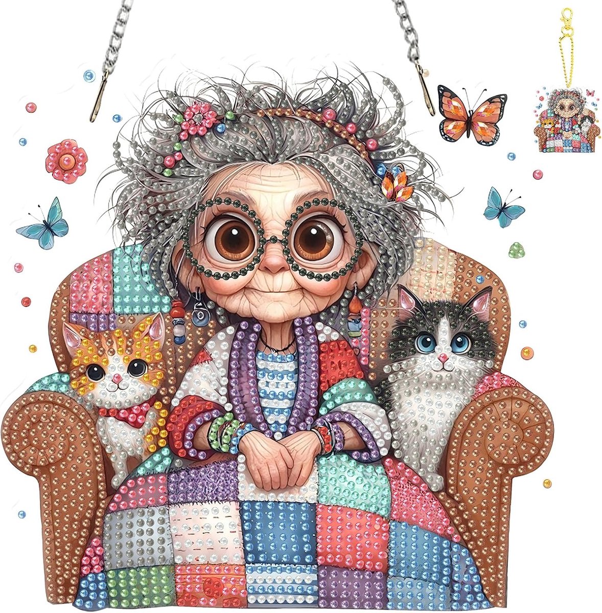 TLIOBLO Oma met katten hangende diamantkunst en sleutelhangers planken, speciaal gevormd diamantschilderij hangend - ShopVlot