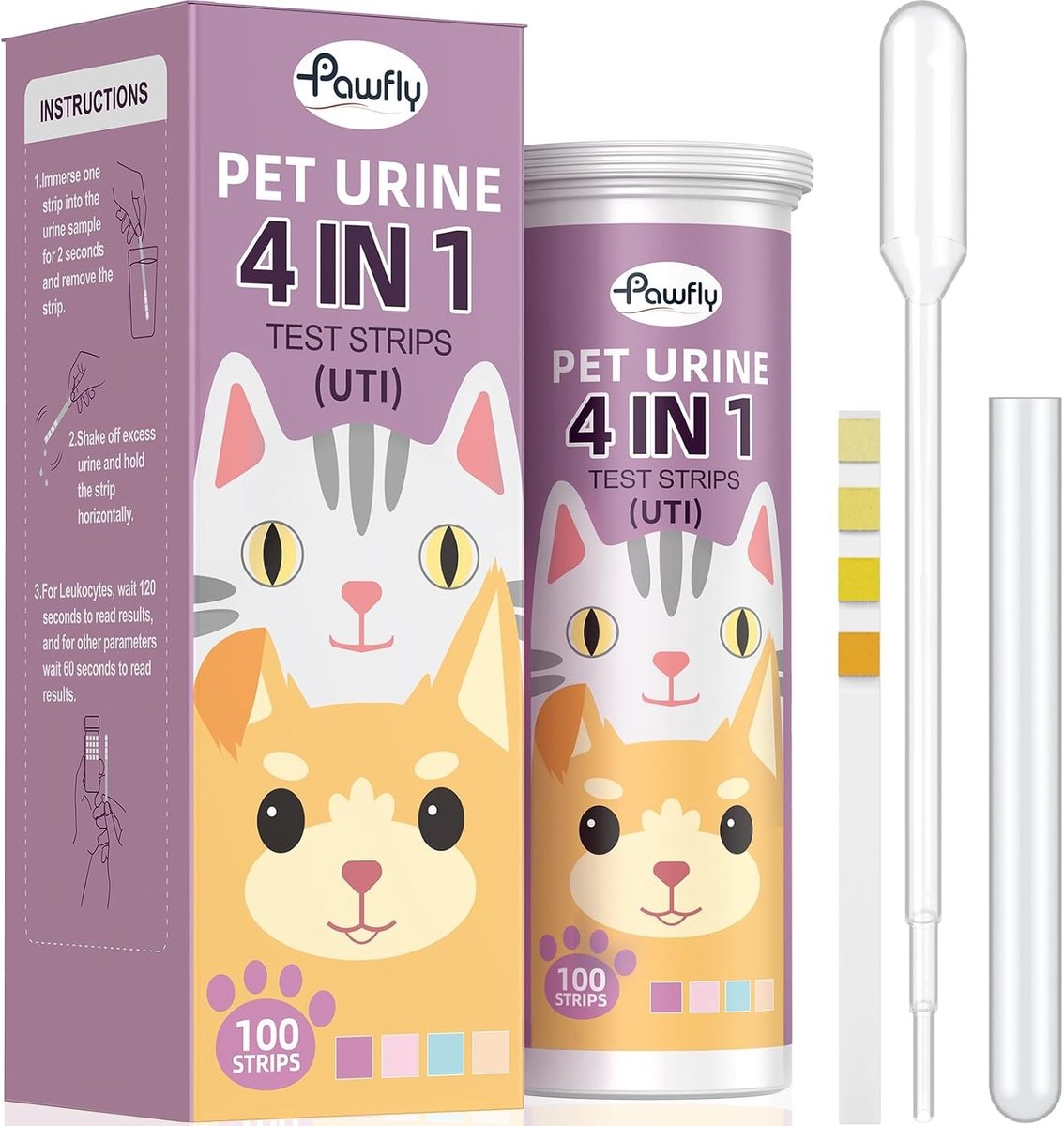 Urine Test Strips voor Honden en Katten - 100 Stuks, 4 in 1 Test voor Leukocyten, Nitriet, Eiwit en Bloed, Ideaal voor Urineweginfecties en Dierenartsen