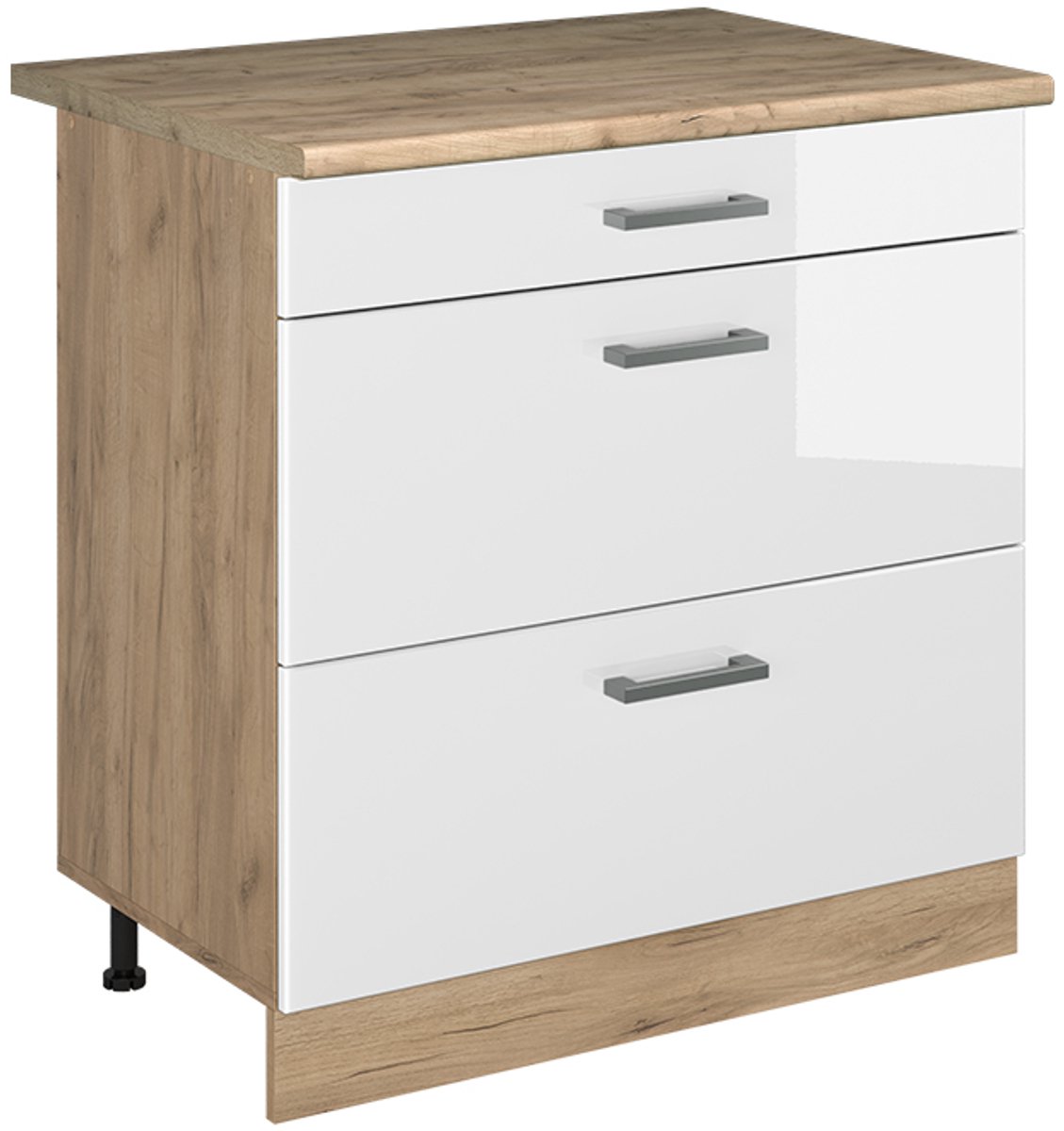 Vicco Keukenonderkast R-Line, Wit Hoogglans/Goudkleurig Eiken, 80 cm met 3 laden goudkleurig eiken werkblad