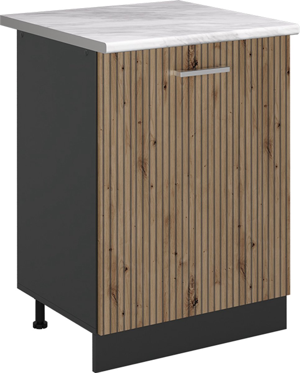 Vicco Keukenonderkast R-Line, Artisanaal eiken/Antraciet, 60 cm met 1 deur marmer werkblad