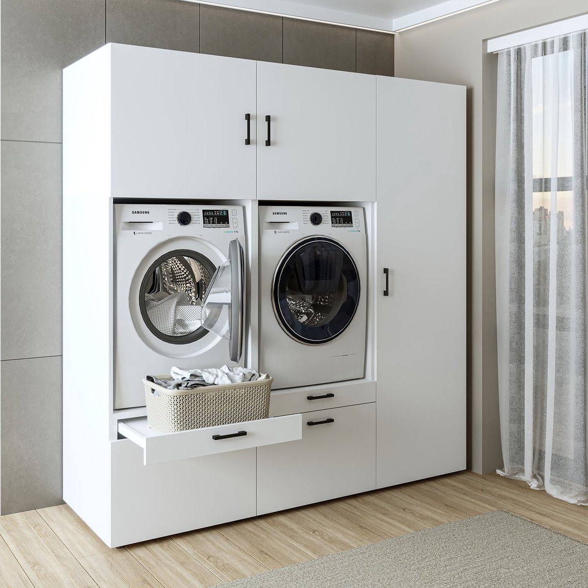 Roomart SERIE 2 Wasmachine Ombouwkast 194x205 cm - Dubbele Kast met Hoge Kast 60 - Wit