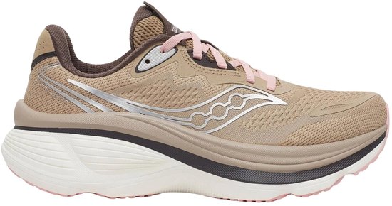 Zijaanzicht van een beige hardloopschoen met roze veters en witte zool.