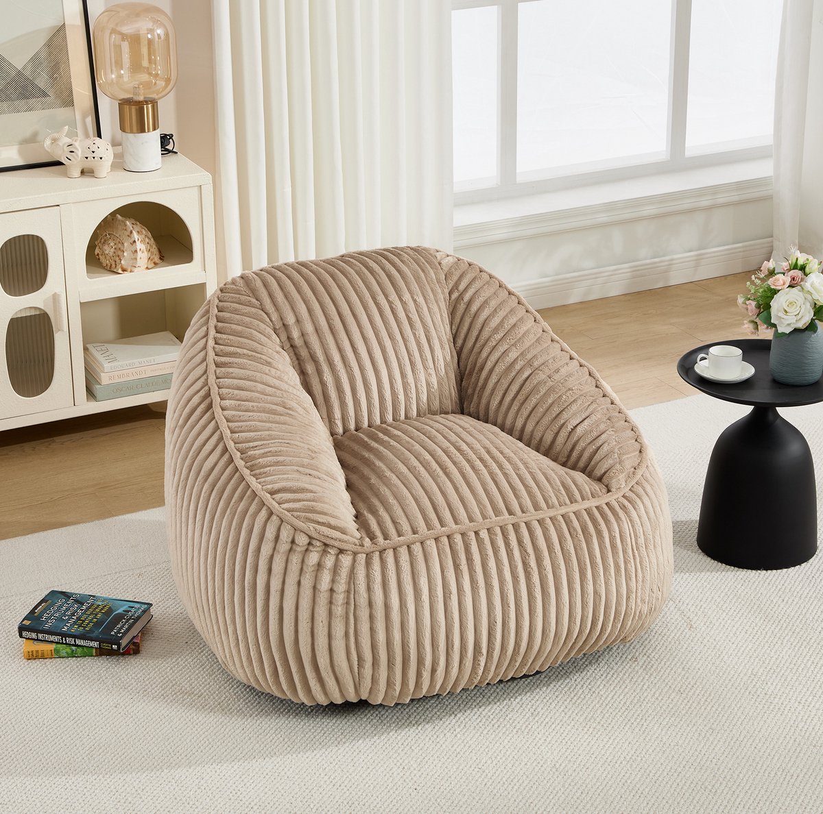 FloraGrace Zitzak Loungestoel 98 x 92 x 73 Cm - Met Rugleuning En Traagschuimvulling - Voor Woonkamer En Slaapkamer - Ribstof - Camel Bruin