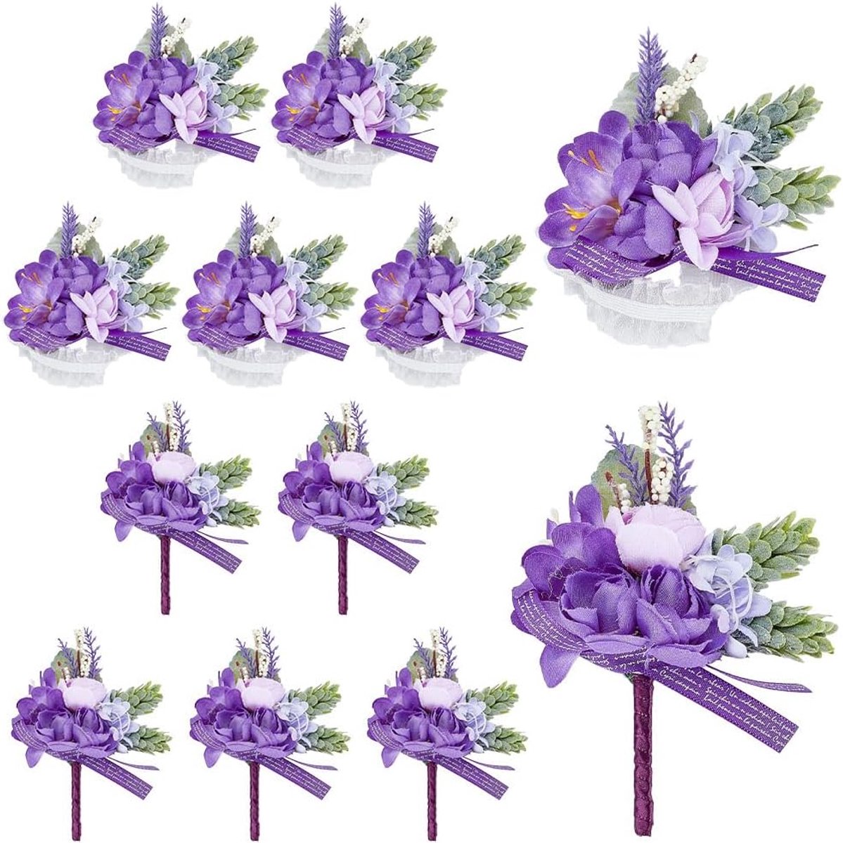 Corsage en boutonniere set - paarse kunstbloemen - 12 stuks - perfecte match voor bruiloft of feest - ShopVlot