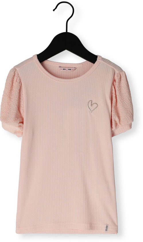 Lichtroze T-shirt met pofmouwen, geborduurd hartje en ribstructuur. Merk NO NO.