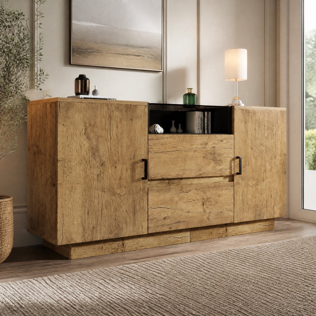 WUVRIE Dressoir 140x40x70 cm - 2 lades, 2 deuren en open vak - Licht eiken