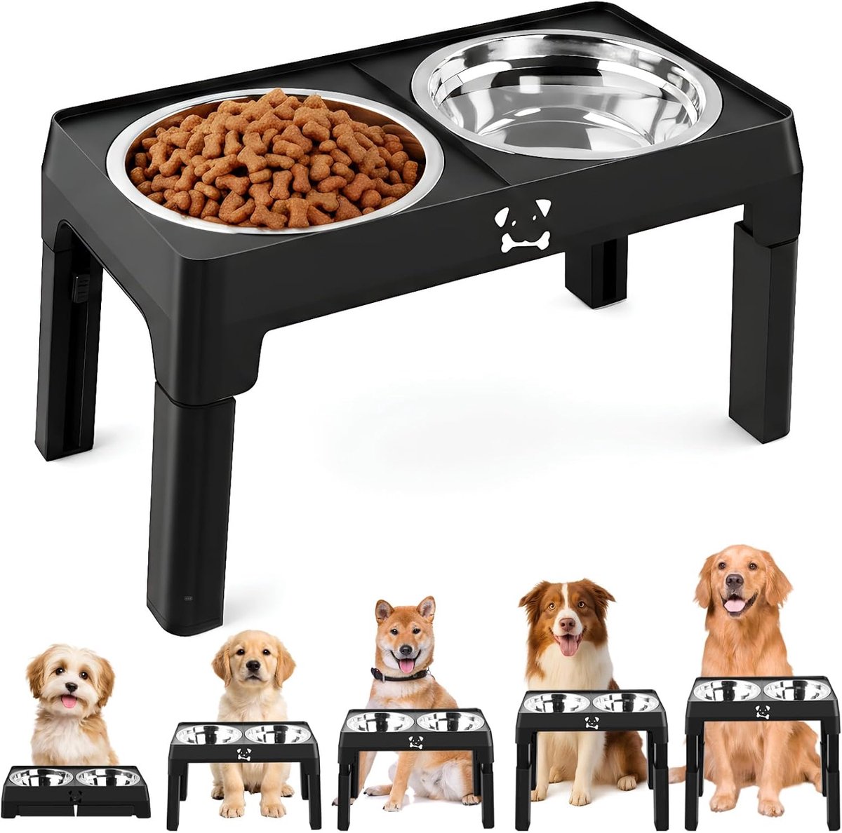 Dog Bowl, Height Adjustable, 5 Heights, Adjustable with 2 Stainless Steel Bowls, 1.5 L, Non-Slip Foldable Accessory - ShopVlot