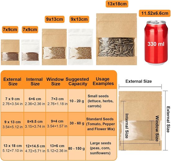 100 stuks zaadzakken, 13 x 18 cm, papieren zakken met venster, bruin, klein - ShopVlot — afbeelding 5
