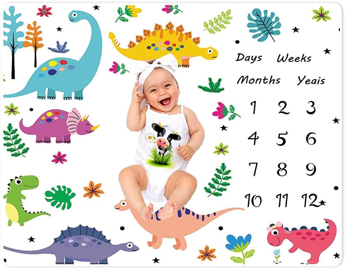 Baby Month Blanket for Boys and Girls Unisex - Baby Milestone Blanket Photo Blanket Dinosaur Cartoon Animal 100 x 125 - ShopVlot