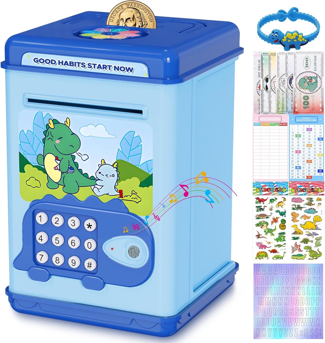 TCJJ Dinosaur Money Boxes for Kids, Money Box for Boys with Password and Fingerprint Unlock, 4 Stickers & Dinosaur - ShopVlot