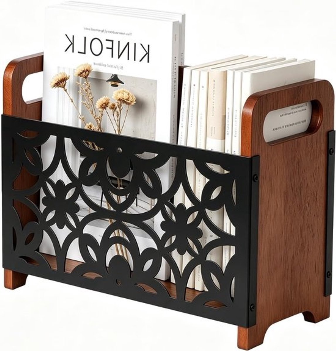 Multifunctionele houten krantenstandaard en tijdschriftenhouder - Met handvat, opbergmand voor kantoor en thuis - Zwart, 33 x 24 x 13 cm