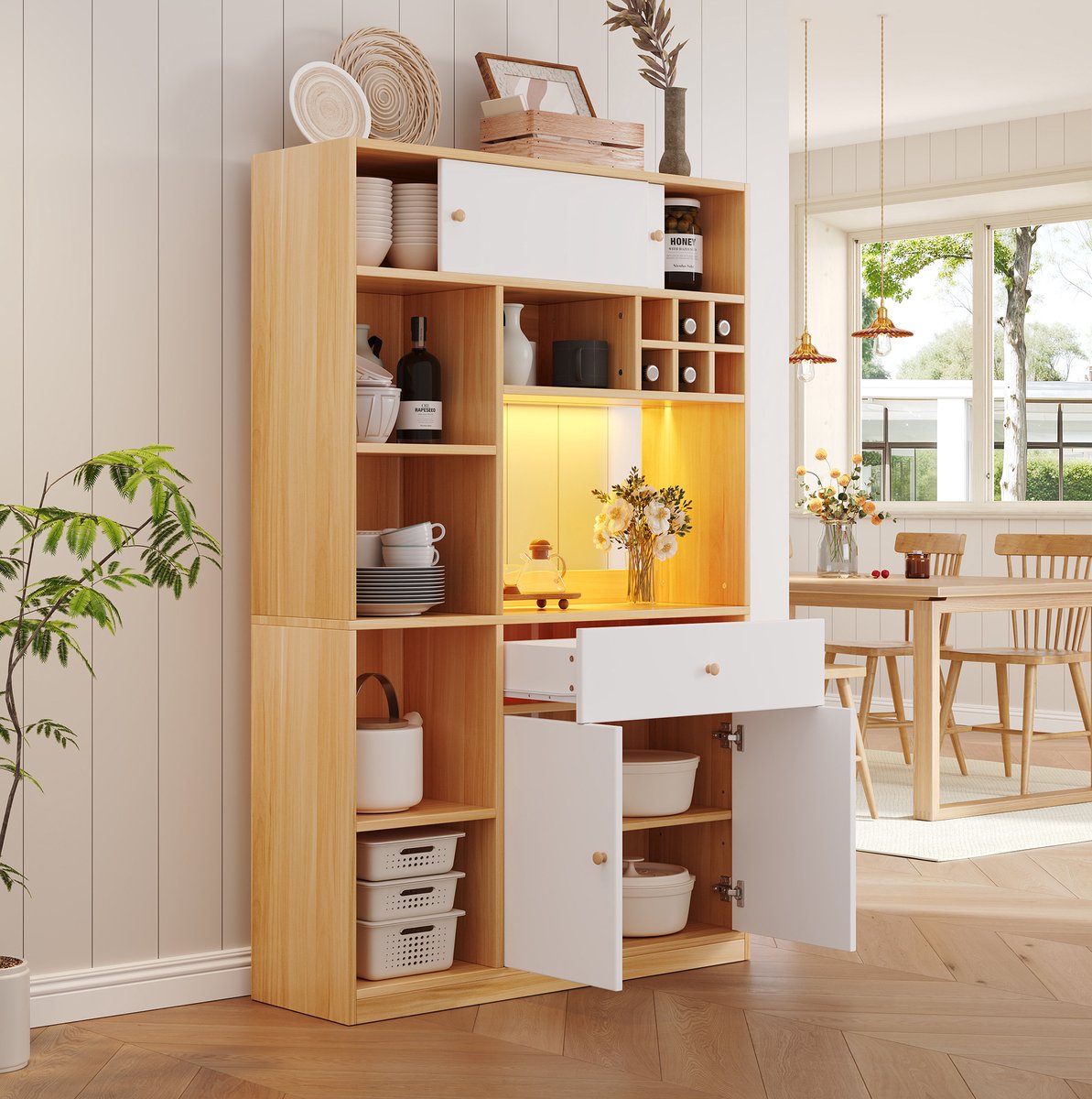 WUVRIE - Keukenkast 115x35x180 cm - 3 deuren, lade en verstelbare LED-verlichting - Wit/naturel