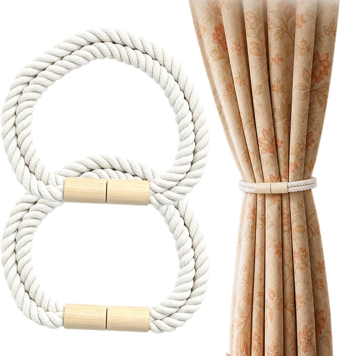 2 gordijnhouders van hout, Boho, magnetisch, beige - Sterke magneet, vernikkeld, corrosiebestendig, installatie zonder - ShopVlot