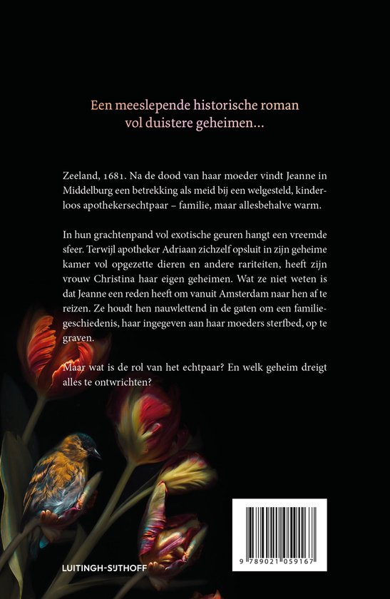 Een historische roman over geheimen, met een vogel op een bloem in de voorgrond.