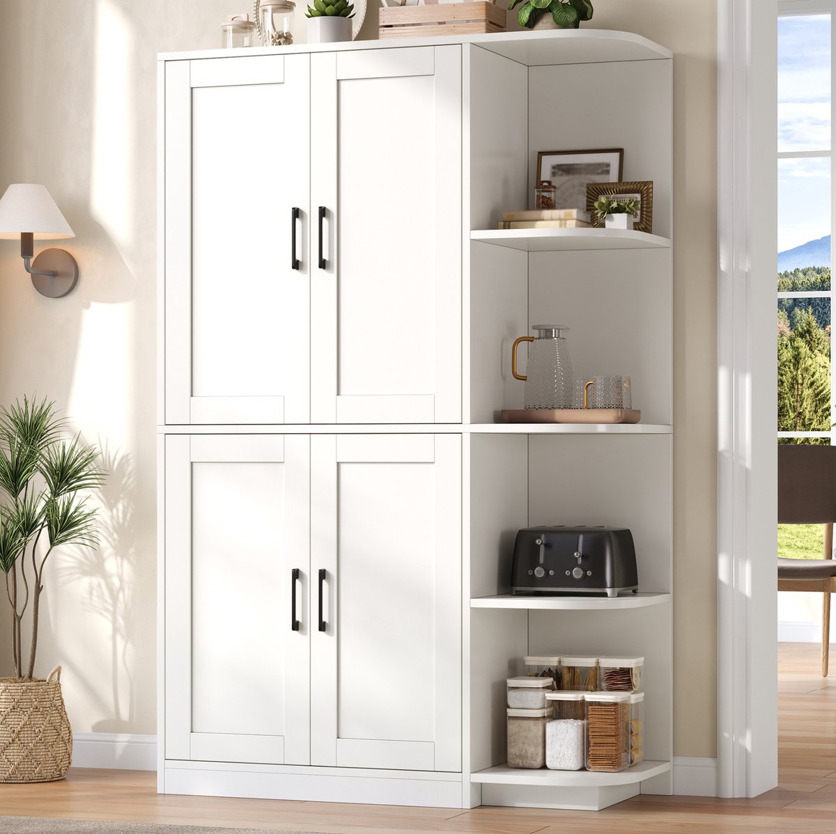 Keukenkast - Hoge Opbergkast Met 4 Deuren, 4 Open Vakken en Verstelbare Legplanken - Voor Keuken en Woonkamer - MDF - 103x40x163 Cm - Wit