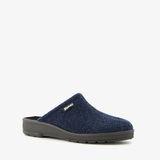 Donkerblauwe Blenzo pantoffel met logo, gezien vanaf de voorkant.