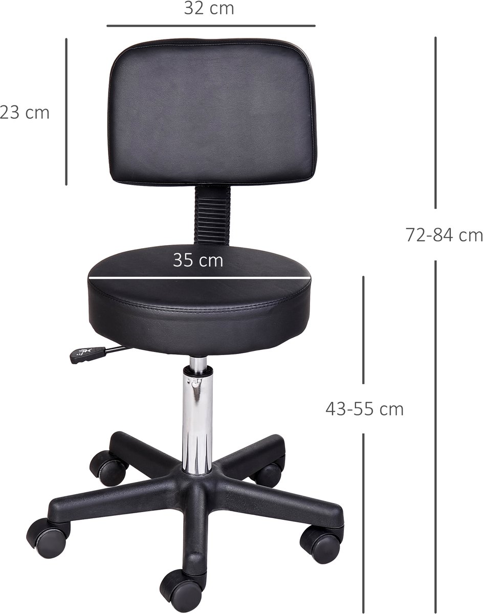 Salonkruk - in hoogte verstelbaar 72-84 cm, 360° draaibaar, met rugleuning, kunstleer, zwart, voor salon en spa