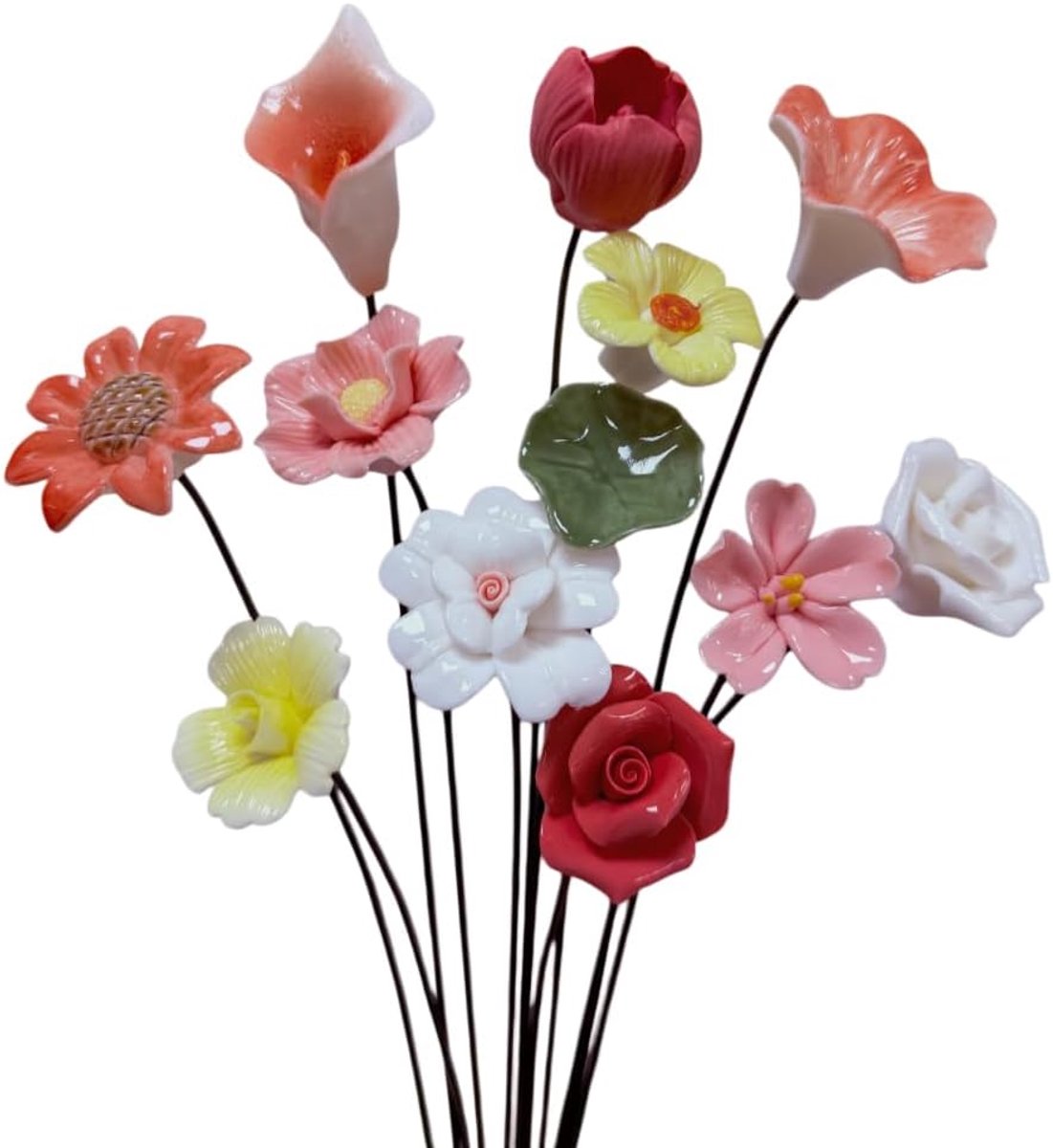 12 stuks handgemaakte keramische bloemen decor, porseleinen bloem plant palen voor buitenplanten, mini-bloemen voor ambachten, decoratieve plantenpalen, gazon ornamenten keuken boeket kantoor