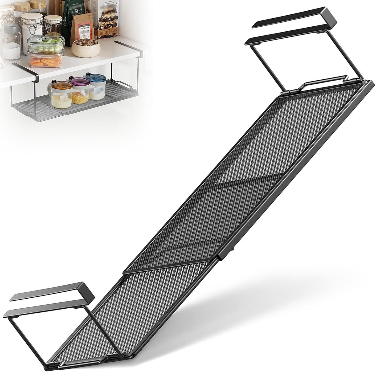 Onder plank, 38-70 cm, metalen rek, om op te hangen, zwart, zonder boren, voor voorraadkamers, kasten, schoenenrekken en voor het opbergen van servies en specerijen