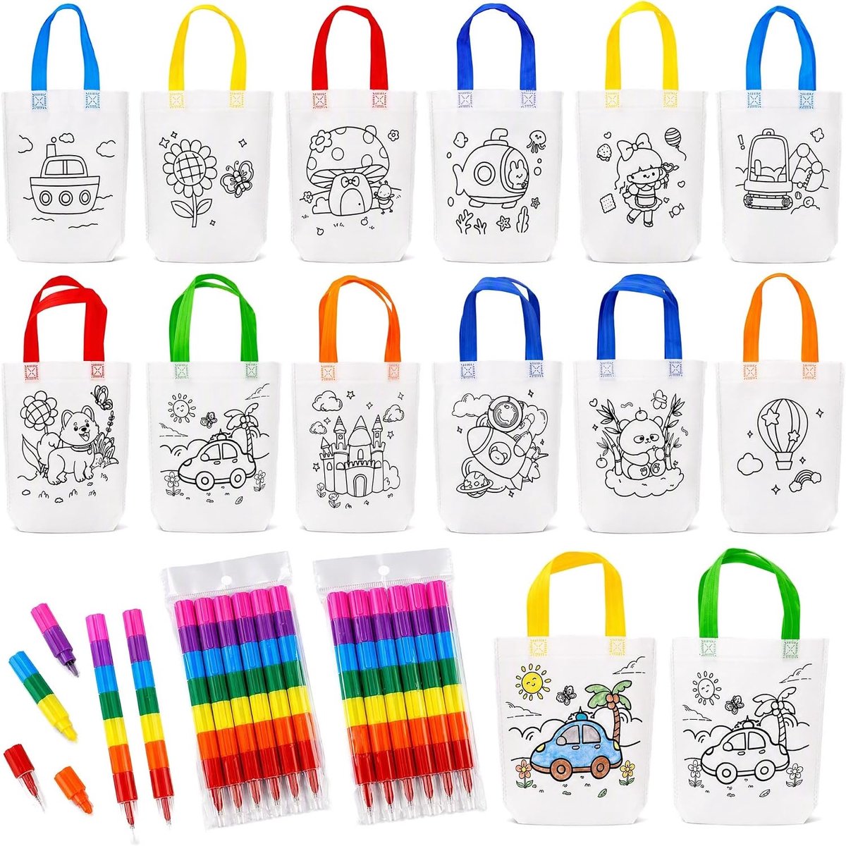 12 stuks zakjes om te beschilderen, vlieszakjes, stoffen zakjes met 6 stapelbare wasstiften, ideaal voor tassen om te beschilderen, kinderverjaardag, cadeautjes voor kinderverjaardag en