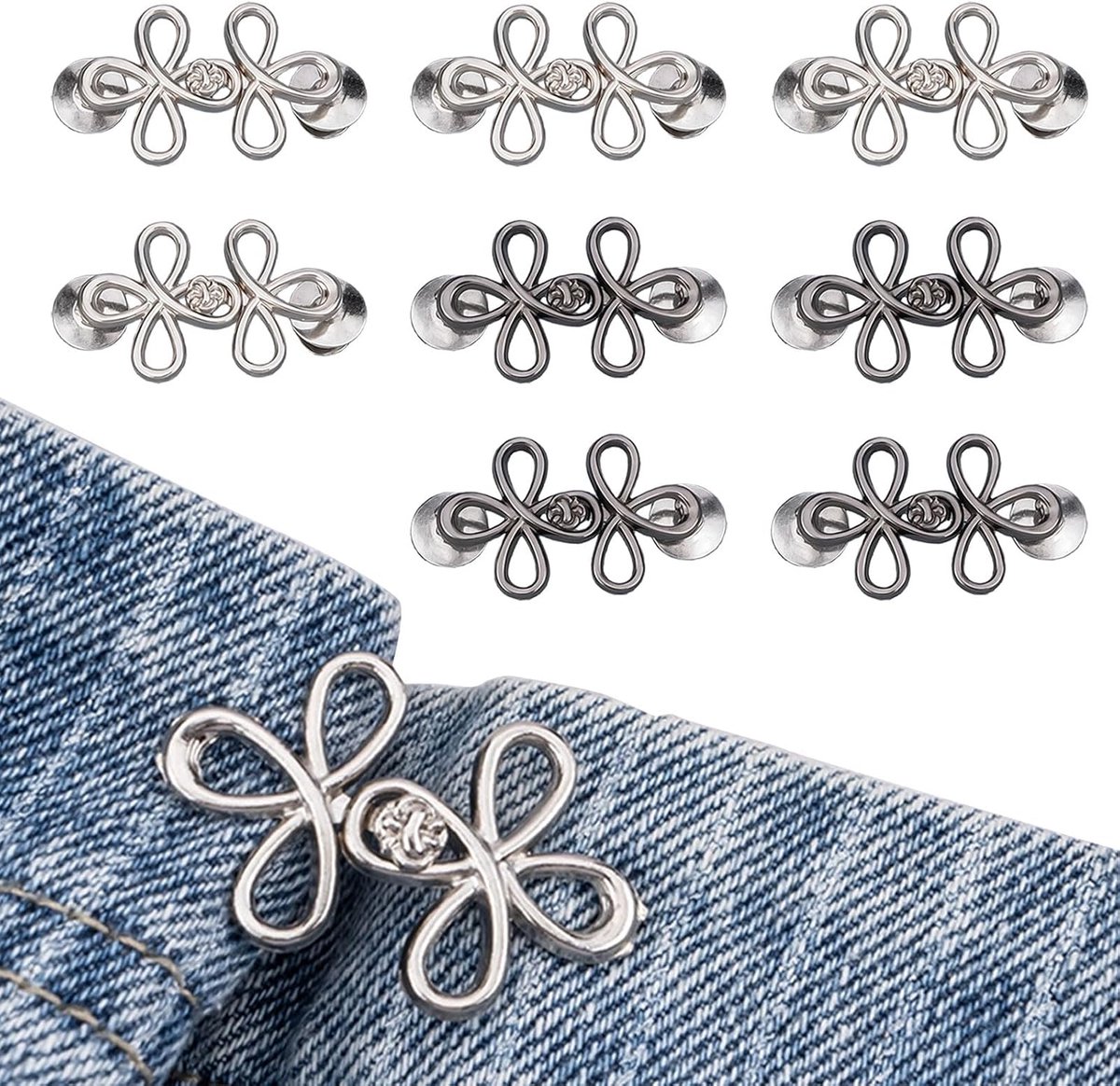 8 Paar Broek Strakker Maken Clip, Spijkerbroek Knopen Pinnen Knopnaalden, Verstelbaar en Geen Naaiwerk - Broek Taille Strakker, voor Broeken Spijkerbroeken Dames Rok (Zilver/Zwart)