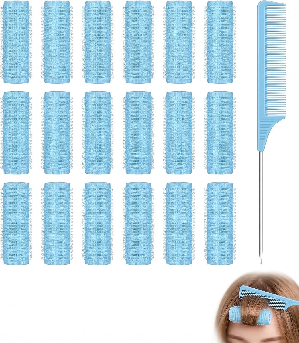 Krulspelden voor kort haar, 18 stuks + 1 kam, 1,5 cm zelfklevend, lichtblauw, zachte hittevrije stylingroutine voor vers gestyled ochtendhaar en salon-effect thuis
