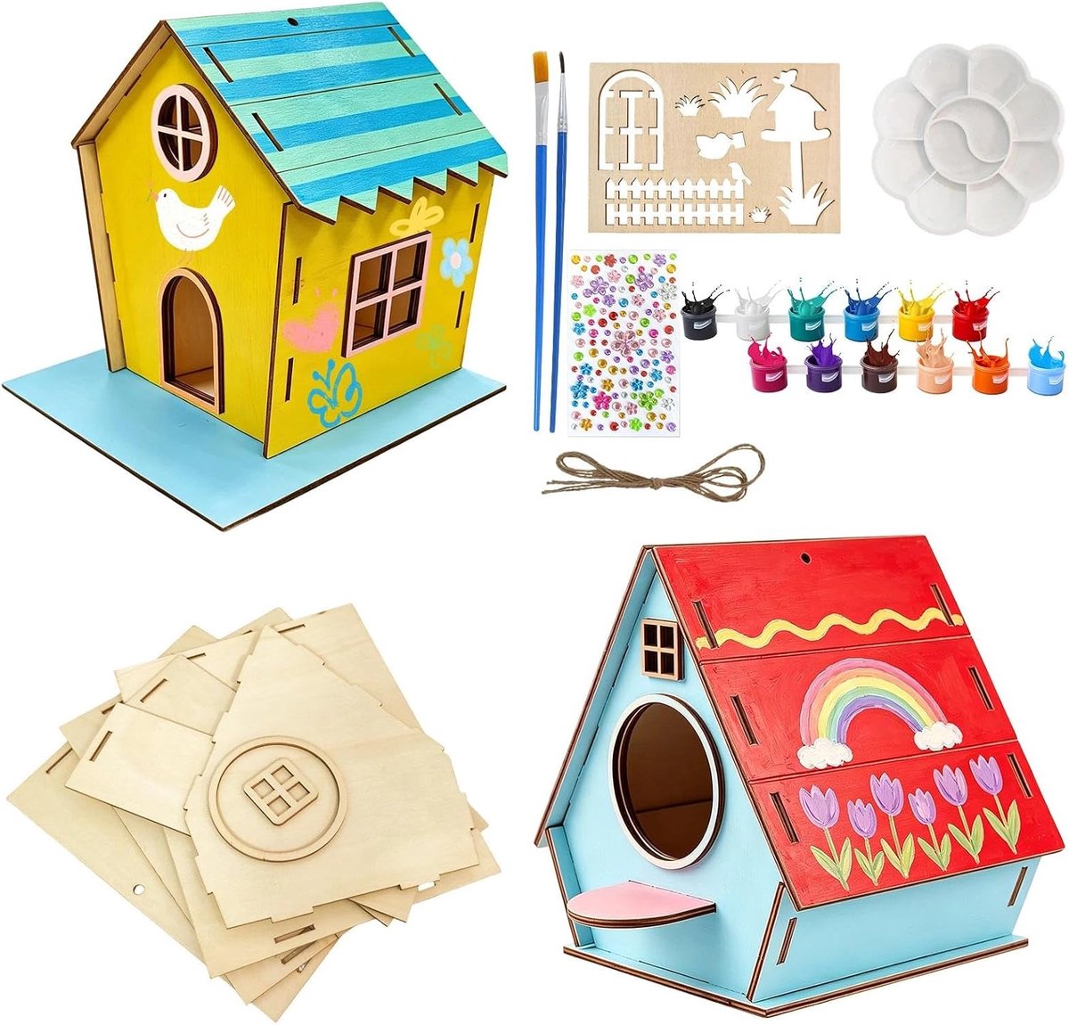 Bouwpakket met 2 vogelhuisjes voor kinderen, DIY-knutselpakket van hout, vogelhuisjes om te beschilderen, inclusief 12 kleuren en 2 penselen, knutselset met vogelhuisjes voor meisjes en jongens