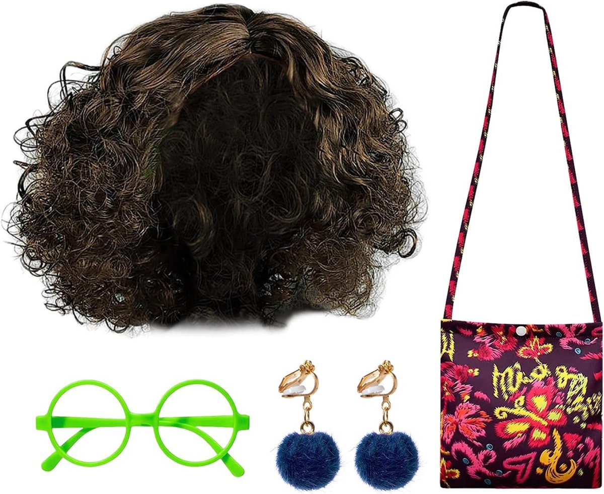 1 pruik, 1 groene bril, 1 tas en 1 paar oorclips, cosplay-accessoires, kunstkrullend haar, feestkostuumaccessoires.