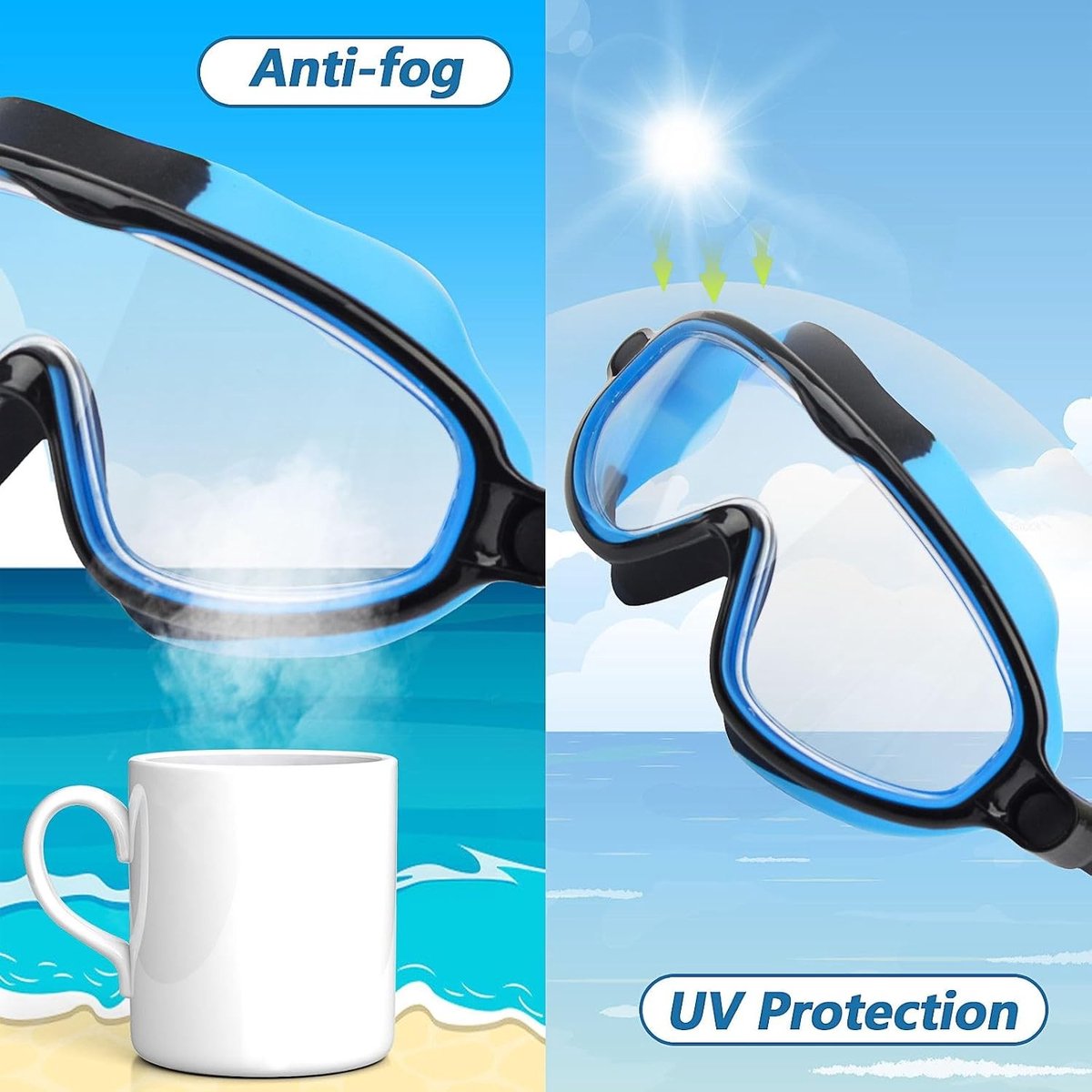 Zwembrillen voor Kinderen en Jongeren van 3-15 Jaar, 2-Pack, Anti-fog, UV-bescherming, Duidelijk Zicht, Waterdicht en Comfortabel