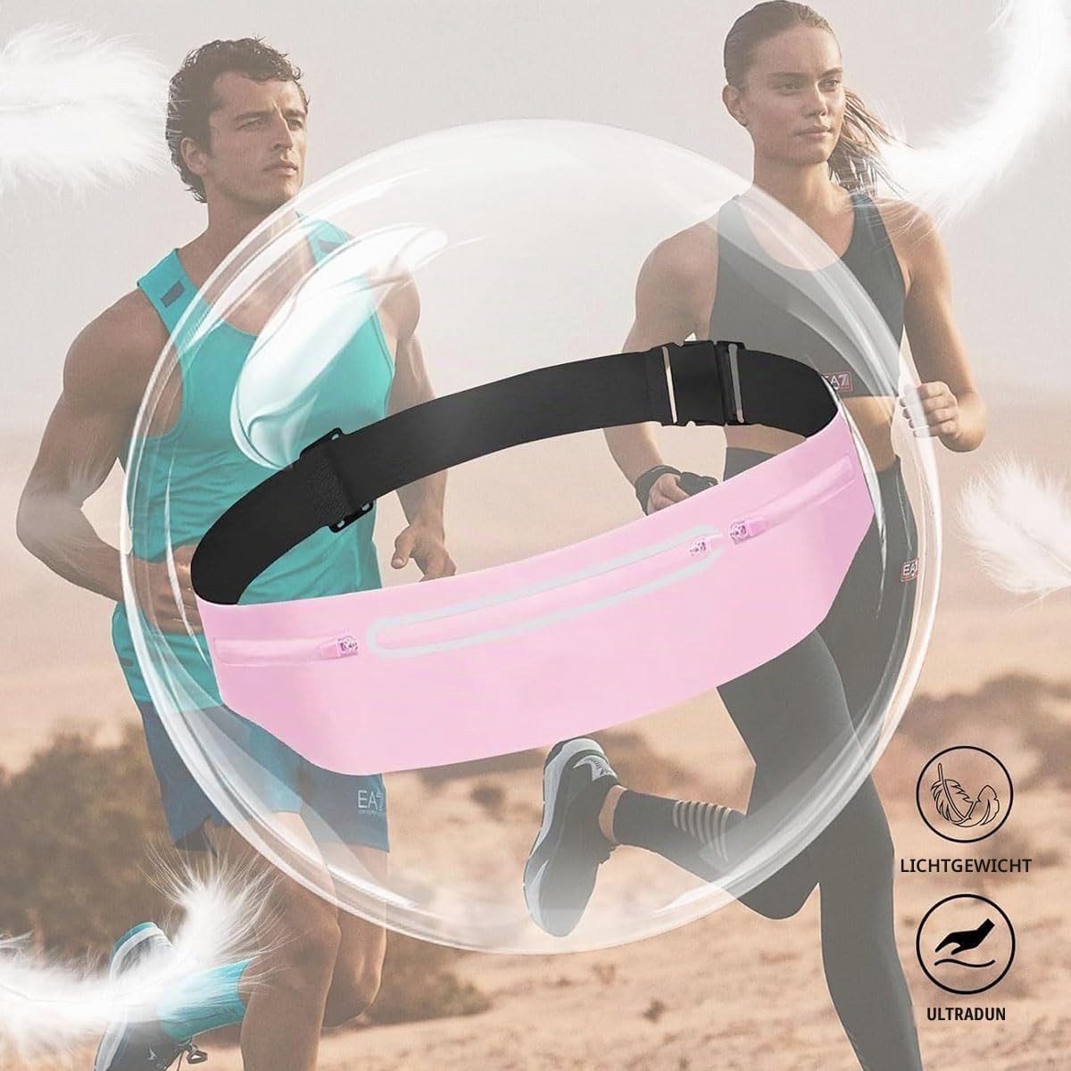 Verstelbare Waterdichte Heupband voor Vrouwen met 3 Opbergvakken en Reflecterende Strepen voor Hardlopen, Fietsen en Fitness, Zwart, Minimalistisch Design
