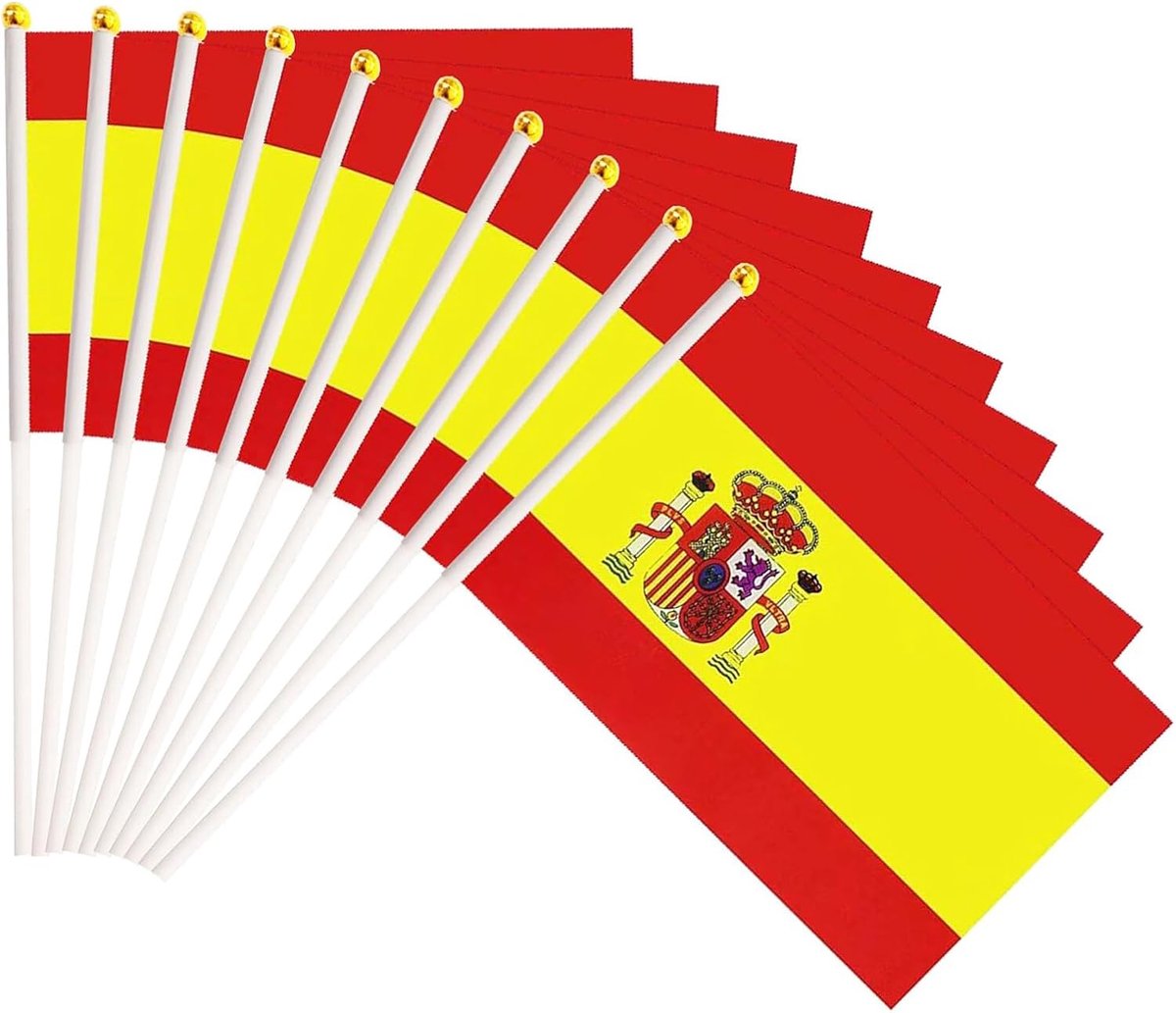 Set van 20 handvlaggen Spanje, 14 x 21 cm, Spaanse vlag met mast voor voetbal, nationale feesten en sportevenementen, supporterset Spanje, duurzaam, van polyester