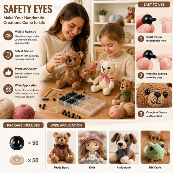 Ogen voor Knuffels en Poppen, Zwarte Poppenogen met Sluitringen, 6 Maten DIY Accessoires voor Haken, Knutselen en Handgemaakte Speeltjes — afbeelding 5