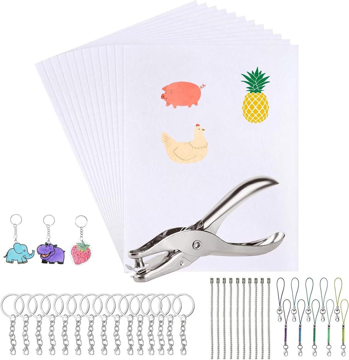 56 stuks krimpfolie set krimppapier met sleutelhanger perforator knutselen