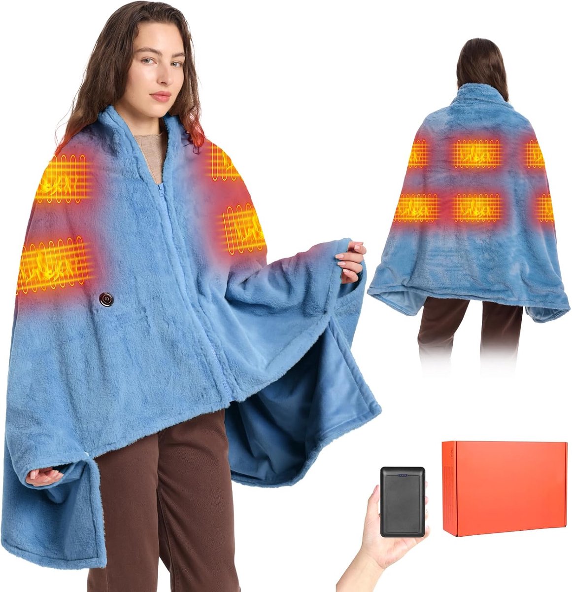 Elektrische warmtedeken, draadloos, 160 x 90 cm, met accu, wasbare flanel, elektrische warmtedeken voor bank, kantoor, reizen, camping (lichtblauw)